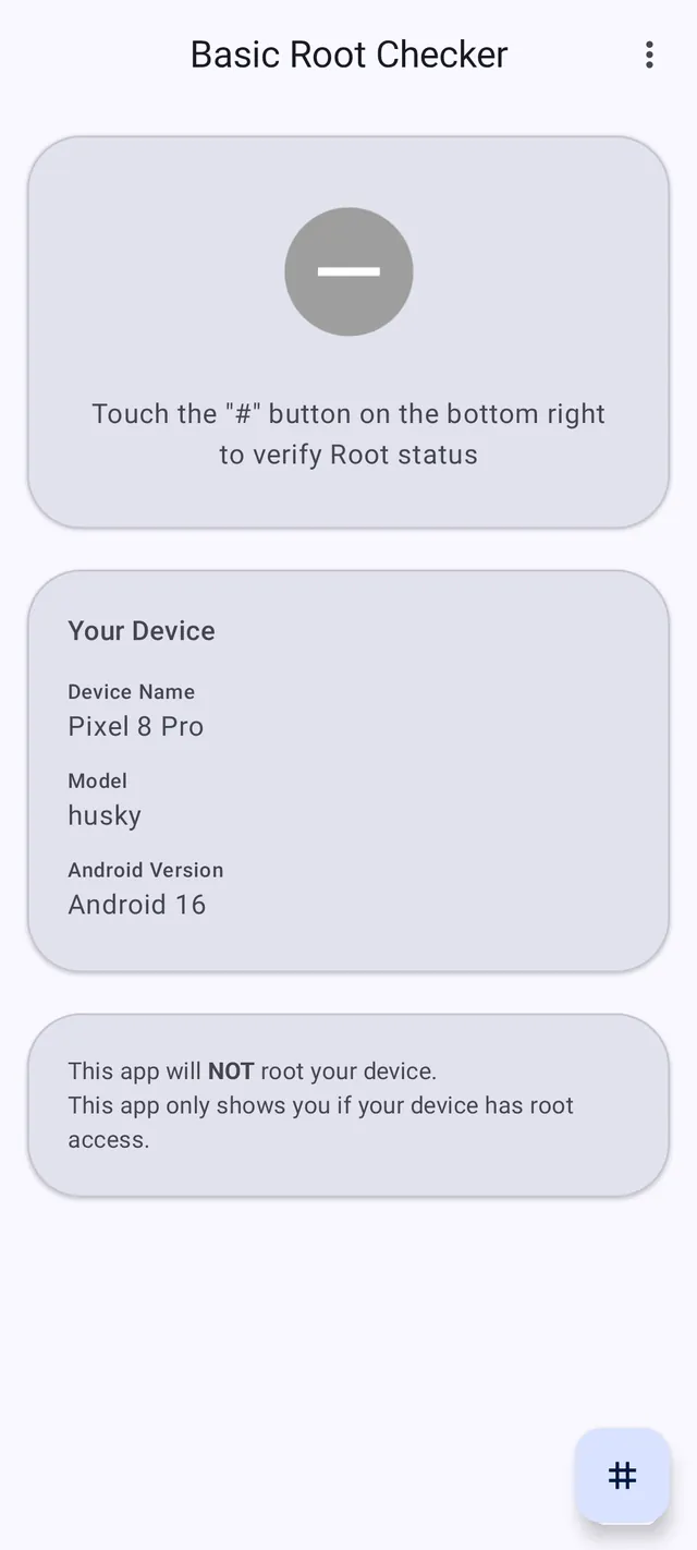 The main screen before checking, showing the device name, model, and Android version, with a button to run the check