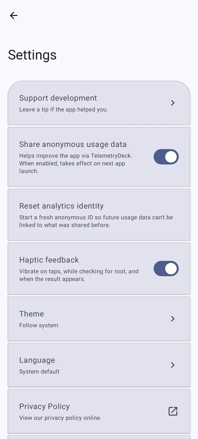 Settings, with usage data, analytics identity reset, haptic feedback, theme, and language options