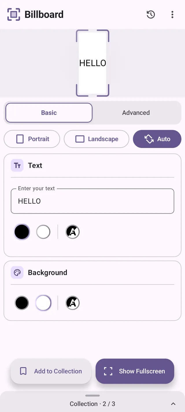 The Basic editor, with a text field, text and background colors, and orientation controls