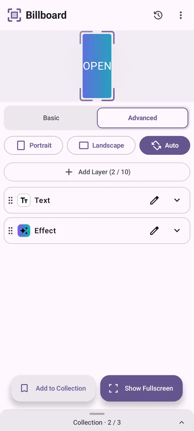 The Advanced editor, stacking a text layer and an effect layer that can be reordered