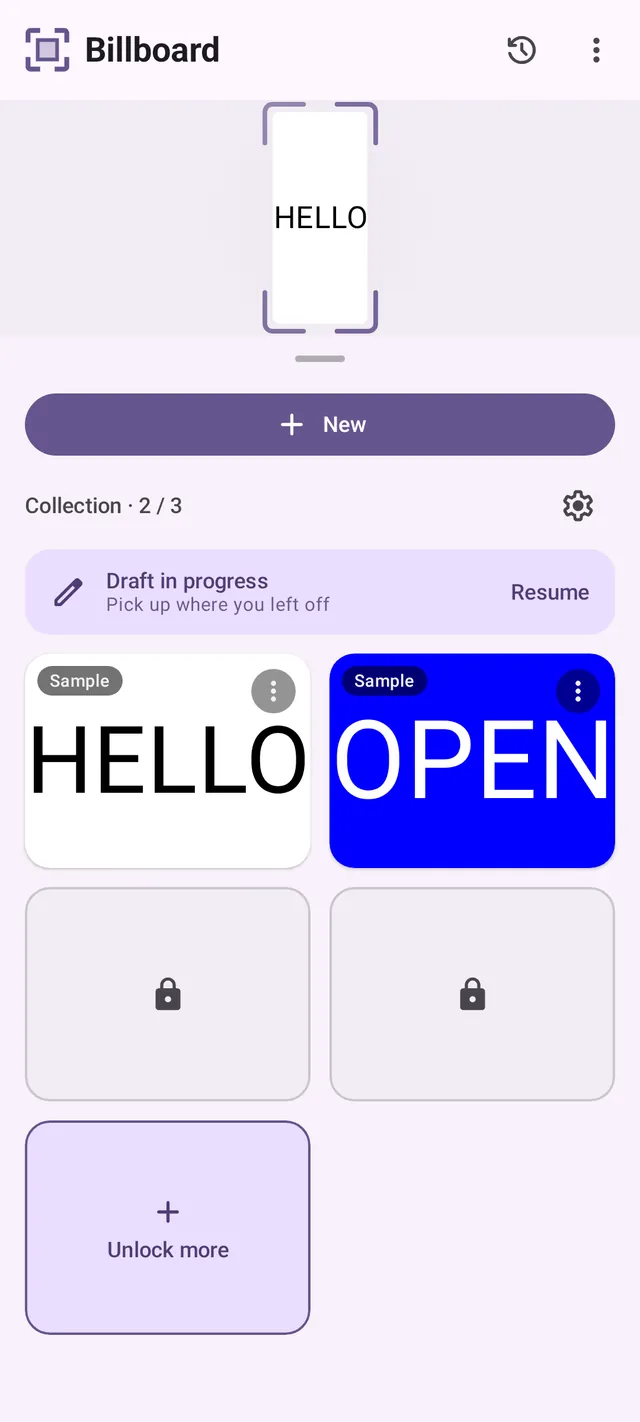 The Collection home screen, with saved billboards as tiles, locked slots, and a draft to resume