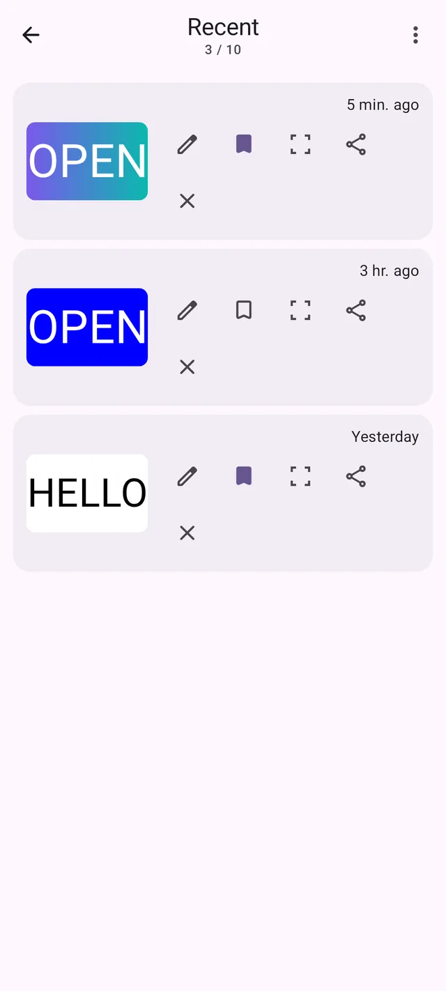 The Recent trail, holding the last billboards shown fullscreen with edit, save, and share actions
