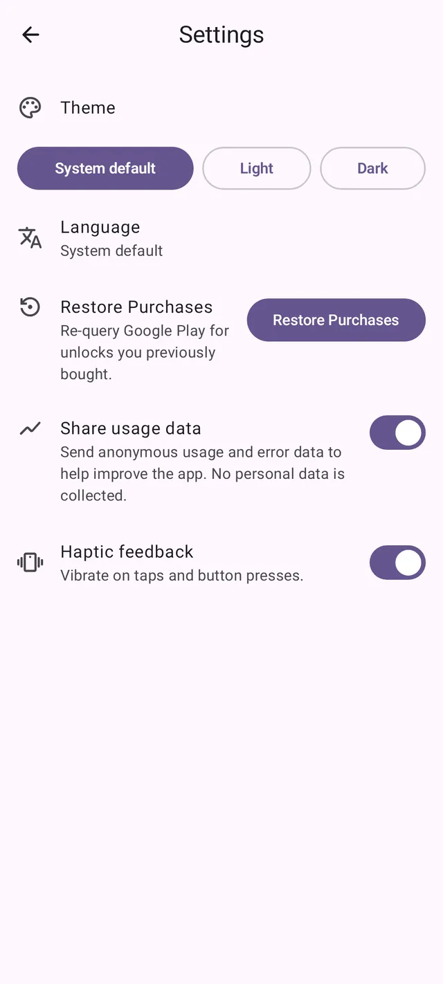 Settings, with theme, language, usage data, and haptic feedback options