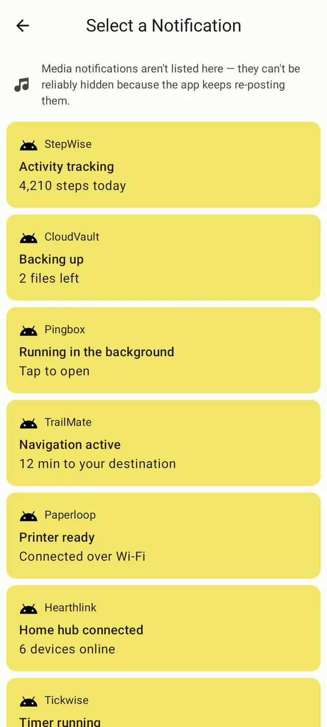 The Select a Notification screen, choosing which of the current notifications to hide