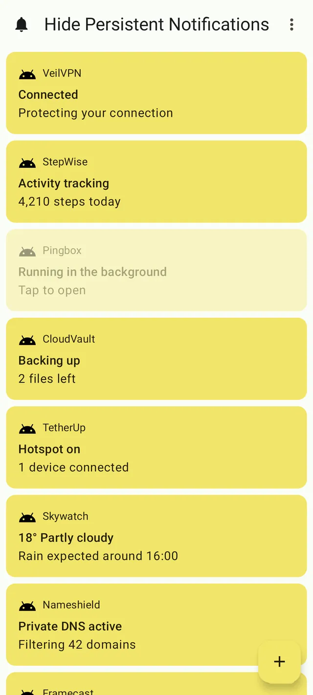 The home screen listing the notifications the app is managing, with a button to add another