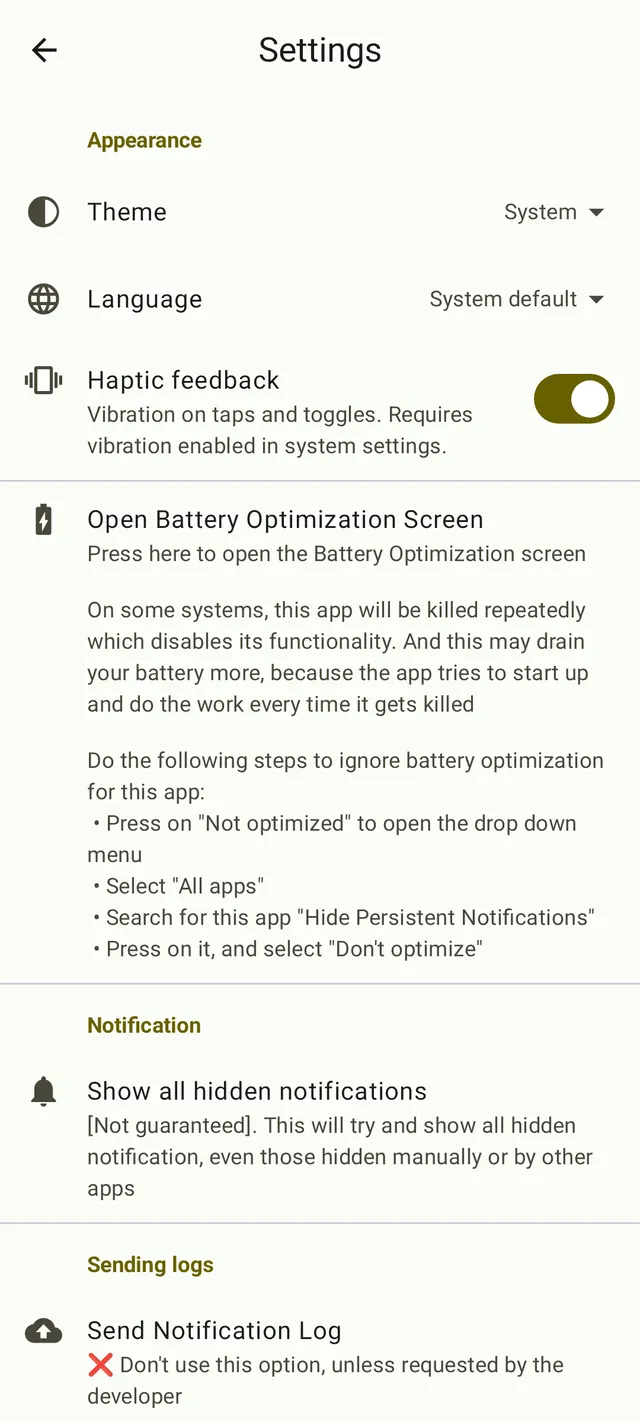 Settings, with theme and language options, battery optimization guidance, and a control to show all hidden notifications